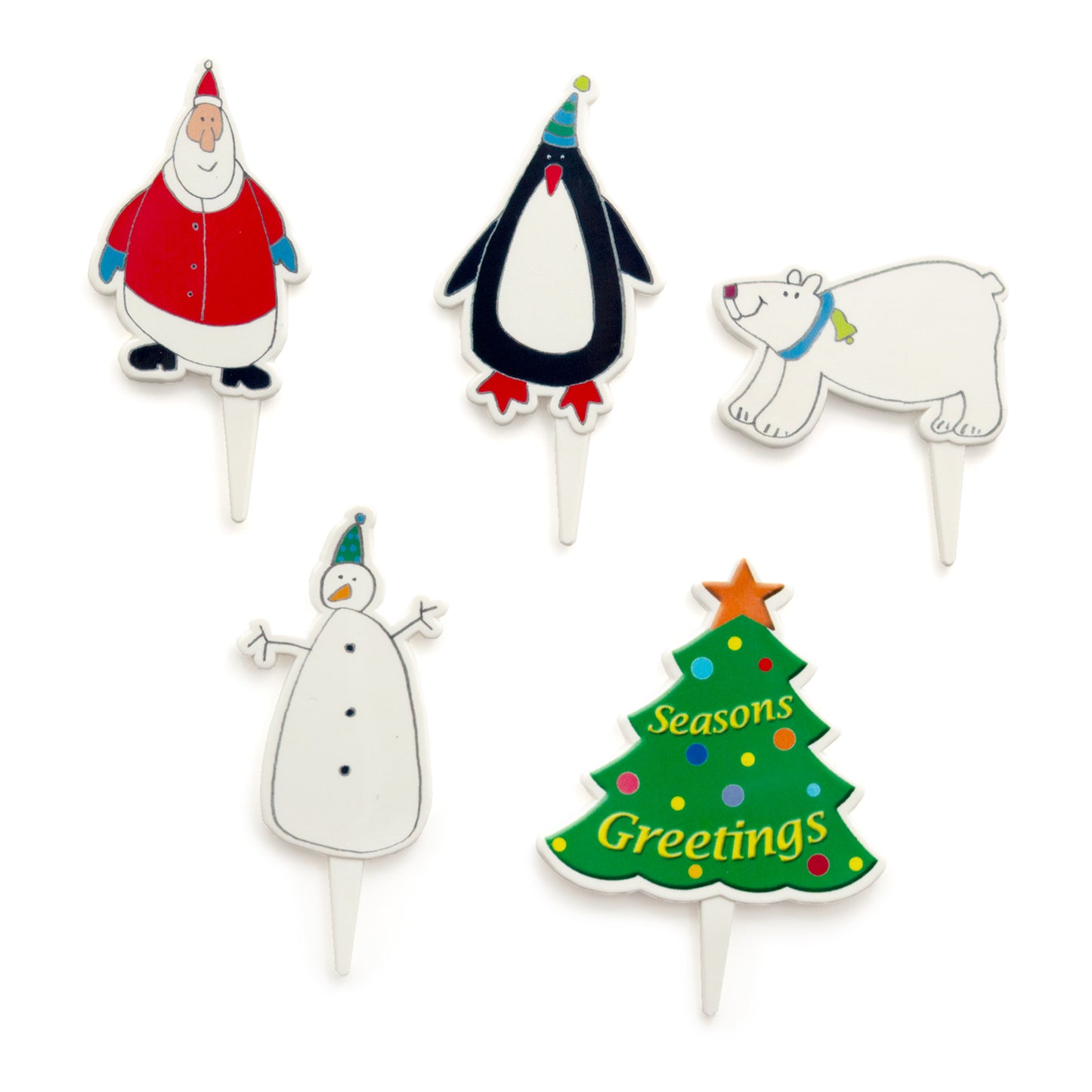 Santa, penguin, polar bear, snowman and tree plastic picks