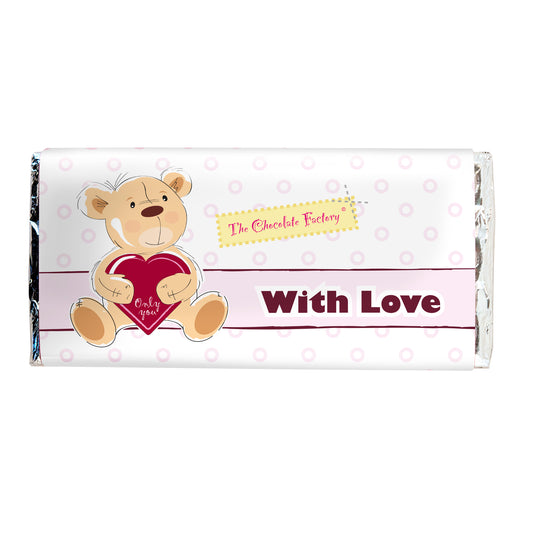 Chocolate bar with a teddy bear holding a heart and text 'With Love' on a white background on the wrapper.